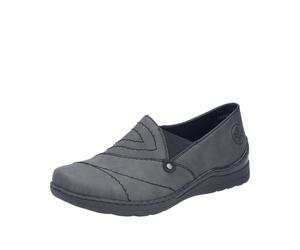 Slipper RIEKER, Damen, Gr. 42, anthrazit, Lederimitat, unifarben, Schuhe Slipper, Halbschuh, Schlupfschuh mit Ziernaht und Gummizug, Topseller (26571531-42)