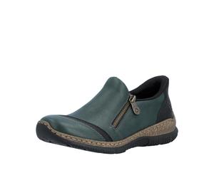 Slipper RIEKER "Ready2GO", Damen, Gr. 39, grün, Lederimitat, Schuhe Slipper, Casual-Halbschuh mit Reißverschluss und Stretcheinsatz (72660006-39) grün