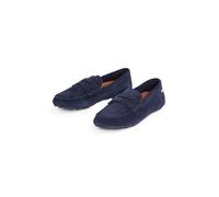 Slipper TOMMY HILFIGER "FLAG SOFT SUEDE DRIVER LOAFER", Damen, Gr. 40, blau (dunkelblau), Veloursleder, unifarben, Schuhe Slipper, Schlupfschuh, Bequemschuh, Mokassin, Flats mit modischen Zierriegel (