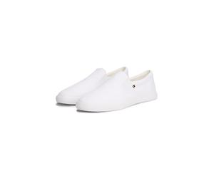 Slipper TOMMY HILFIGER "TH LOW PROFILE SLIP ON", Damen, Gr. 39, weiß, Baumwolle, unifarben, Basic, Schuhe Slipper, Freizeitschuh, Loafer, Slipper mit edlem Logoemblem (31089410-39) weiß