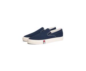Slipper TOMMY JEANS "ARCHIVE VULC. Y2K SLIP ON", Herren, Gr. 44, dunkelblau, Textil, unifarben mit Farbeinsatz, Schuhe Slipper, Freizeitschuh, Halbschuh, Slipper mit beidseitigem Stretcheinsatz (49733
