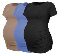 Smallshow Damen Umstandshemden gerippt gerafft Schwangerschaft Kleidung Tops 3 Packungen, Schwarz, Blau, Braun, 3 Stück, Mittel