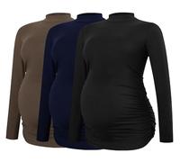 Smallshow Damen Umstandsshirts Rundhals Langarm Schwangerschaft Kleidung Tops 3er Pack, Schwarz-Braun-Marine, Mittel
