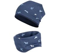 Smarilla Übergangsmütze + Schlauchschal Beanie Stoffmütze Mädchen Junge im Set Loop Baumwolle, Größe: 50-52, Farbe: Dunkelblau-Hunde