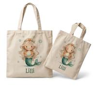 smartaini Stoffbeutel Jutebeutel Kindergarten, Wechselkleidung, Jutetasche Hort, Turnbeutel Schule, Sportbeutel Kinder inkl. Textildruck mit Namen nach Wunsch (Meerjungfrau, Kind)