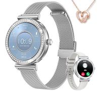 Smartwatch Damen Uhr Armbanduhr Fitnessuhr: Smartwatch Damen mit Halskette Geschenk 1,27" Rund Touch Silber Menstruationszyklus Schrittzähler Blutdruck Wasserdicht Sport Telefonfunktion Android iOS