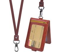 smatime Leder ID Kartenhalter Ausweishülle Ausweishalter Kartenhülle Schlanke Kreditkartenetuis Tragbarer Kartenhalter mit 1 Abnehmbarem Umhängeband, 1 Ausweisfenster, 4 Kartenfächer, Braun