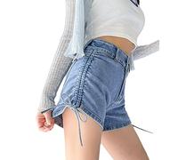 SMBHIAON Mini-Denim-Shorts Für Damen, Einfarbig, Knopf, Reißverschlusstaschen, Jeans-Hotpants, Sexy Sommer-Jeans Mit Hoher Taille, Gewaschen Und Kordelzug-Saum, Pole-Dance-Denim-Shorts, Blau, 25
