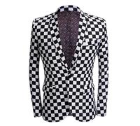 SMBHIAON Slim Fit Blazer Für Herren - Schwarz-Weiß Karierter Aufdruck Reverskragen EIN-Knopf-Anzug Langarm Anzugjacke, Große Größe Mit Tasche Frack Hochzeits-Business-Blazer,Schwarz-Weiß,L