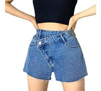 SMBHIAON Superkurze Denim-Jeans Für Sexy Frauen, Einfarbig, Unregelmäßige Hohe Taille, Knöpfe, Reißverschlusstaschen, Super-Mini-Shorts, Schmale, Elastische Sommer-Strand-Shorts, Blau, M
