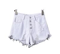 SMBHIAON Ultrakurze Denim-Shorts, Lässig, Einfarbig, Taschen Mit Hoher Taille, Schmaler Fransensaum, Strand-Y2K-Shorts, Große Größe 5XL, Einreihiger Reißverschluss, Verwaschene Hotpants, Weiß, 5XL