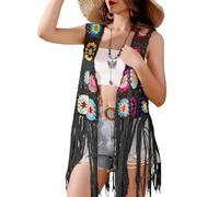 SMDPPWDBB Häkelweste, Afrikanische Blume, Quadratisch, Gestrickt, Mehrfarbig, Vorne Offen, Schwarz - Fransen - 02, Einheitsgröße (XS-L, 80-150 lbs), Boho, Damen, Weste, Kleidungsstück, 1981726031