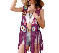 SMDPPWDBB Häkelweste, afrikanische Blume, quadratisch, Häkelweste, Farbblock-Pullover, gestrickt, mehrfarbig, vorne offen, Violett, Fransen - 02, Einheitsgröße