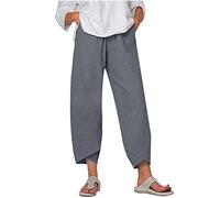 SMIDOW Caprihose für Damen, Baumwoll-Leinen, weites Bein, Caprihose, lässig, Sommer, kurze Hose, Strand, elastische Taille, Baggy, bauchfreie Hose, #03 Grau, X-Groß