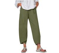SMIDOW Caprihose für Damen, Baumwoll-Leinen, weites Bein, Caprihose, lässig, Sommer, kurze Hose, Strand, elastische Taille, Baggy, bauchfreie Hose, #01 Army Green, X-Groß