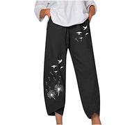 SMIDOW Caprihose für Damen, Baumwolle, Leinen, weites Bein, Caprihose, lässiger Sommer, kurze Hose, Strand, elastische Taille, bauchige Crop-Hose, #015 Schwarz, Groß