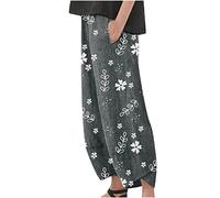 SMIDOW Caprihose für Damen, Baumwolle, Leinen, weites Bein, Caprihose, lässiger Sommer, kurze Hose, Strand, elastische Taille, bauchige Crop-Hose, #012 Dunkelgrau, M