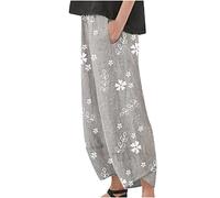 SMIDOW Caprihose für Damen, Baumwolle, Leinen, weites Bein, Caprihose, lässiger Sommer, kurze Hose, Strand, elastische Taille, bauchige Crop-Hose, #013 Grau, XX-Large