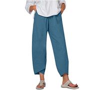 SMIDOW Caprihose für Damen, Baumwolle, Leinen, weites Bein, Caprihose, lässiger Sommer, kurze Hose, Strand, elastische Taille, bauchige Crop-Hose, #06 Blau, Groß