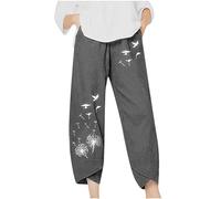 SMIDOW Caprihose für Damen, Baumwolle, Leinen, weites Bein, Caprihose, lässiger Sommer, kurze Hose, Strand, elastische Taille, bauchige Crop-Hose, #016 Grau, Groß