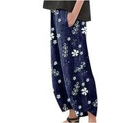 SMIDOW Caprihose für Damen, Baumwolle, Leinen, weites Bein, Caprihose, lässiger Sommer, kurze Hose, Strand, elastische Taille, bauchige Crop-Hose, #011 Blau, M