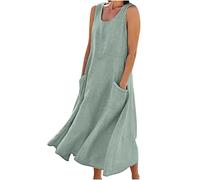 SMIDOW Langes Sommerkleid für Damen, Baumwolle, Leinen, ärmellos, elegant, fließend, Übergröße, locker, bequem, mit Taschen, #06 Grün, 5X-Groß
