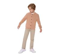 SMILING PINKER Mädchen Aran Strickjacke Jungen Kinder Gestrickt Rundhals Baumwolle Grobe Pullover Jacke mit Knopf(Khaki,6-7Jahre)