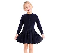 SMILING PINKER Mädchen Kleider Langarm Strickkleid Plissee Röcke Einfarbig Basic Herbst Winter Kleid(Navy blau,6-7 Jahre)