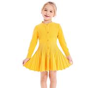 SMILING PINKER Mädchen Kleider Langarm Strickkleid Plissee Röcke Einfarbig Basic Herbst Winter Kleid(Gelb,6-7 Jahre)