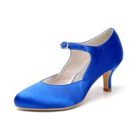 smlekwc Damen Mittlerer Kätzchenabsatz Brautschuhe Geschlossene Rund Zehen Brautschuhe Mit Schnalle Satin Abend Partei Abschlussball Schuhe,Blau,36 EU