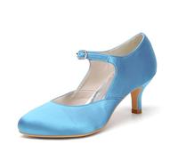 smlekwc Damen Mittlerer Kätzchenabsatz Brautschuhe Geschlossene Rund Zehen Brautschuhe Mit Schnalle Satin Abend Partei Abschlussball Schuhe,Sky Blue,38 EU