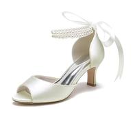 smlekwc Damen Mittlerer Kätzchenabsatz Satin Brautschuhe Schnürung Hochzeit Kleid Pumps Mit Perle Elegante Peep Toe Court-Schuhe,Elfenbein,42 EU