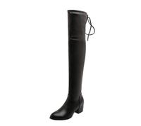 smlekwc Damen Runde Zehen Lange Stiefel Mit Seitlichem Reißverschluss Mittlerer Stämmiger Absatz Oberschenkelhohe Stiefel Schnür Leder Overknee-Stiefel,Schwarz,43.5 EU