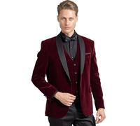 Smoking Sakko Herren aus Samt Tailored Fit Dinner Jacket mit Weste für Hochzeit & Abschlussball (Burgundy Velvet 44)