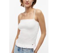 Smoktop TOMMY JEANS "TJW SLIM SMOCK STRAPPY TOP", Damen, Gr. L (42/44), ancient weiß, Web, Obermaterial: 87% Baumwolle, 10% Polyester, 3% Elasthan, unifarben, slim fit taillenlang, eckiger Ausschnitt,