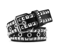 SNCEAW Nietengürtel, Punk-Rock-Nietengürtel mit hellen Pyramiden-Nieten für Damen und Herren, 3 schwarze Punk-Nieten, Fit Pant 31-36 inch