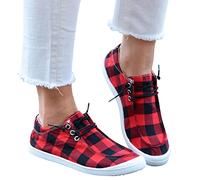 Sneaker Damen, Turnschuhe Damen Rot Kariert Sportlich Flache Schuhe Segeltuchschuhe Joggen Schnürschuhe Fitness Laufschuhe Bequeme Leichte Sportschuhe Frauen Elegant Modische Fitnessschuhe