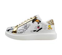Sneaker DOGO "Verona Low-Top Sneaker Looney Tunes Chasing Tunes Damen Sneaker", Damen, Gr. 37, Normalschaft, weiß, Lederimitat, Schuhe Sneaker, Handgefertigt (42455820-37) weiß