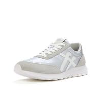 Sneaker FITFLOP "RETRO-Q FF METALLIC-FABRIC/SUEDE SNEAKERS", Damen, Gr. 38, silberfarben, weiß, Leder, Textil, Veloursleder, Schuhe Sneaker, Freizeitschuh, Halbschuh, Schnürschuh mit Low Profile Sohle