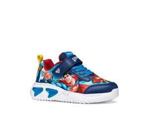 Sneaker GEOX "J ASSISTER BOY", Mädchen, Gr. 30, blau kombiniert, Lederimitat, Textil, Schuhe Sneaker, Halbschuh mit Blinkfunktion, Größenschablone zum Download (91614663-30) blau kombiniert