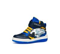 Sneaker GEOX "J BUZZERLIGHT BOY Blinkschuh", Mädchen, Gr. 33, gelb (navy, gelb), Synthetik, kontrastfarbene Details, Schuhe Sneaker, Schnürboots mit cooler Blinkfunktion, Größenschablone zum Download