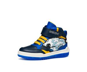 Sneaker GEOX "J BUZZERLIGHT BOY Blinkschuh", Mädchen, Gr. 33, gelb (navy, gelb), Synthetik, kontrastfarbene Details, Schuhe Sneaker, Schnürboots mit cooler Blinkfunktion, Größenschablone zum Download