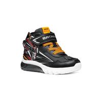 Sneaker GEOX "J CIBERDRON BOY - Blinkschuh", Mädchen, Gr. 28, schwarz (schwarz, orange), Lederimitat, Textil, Schuhe Sneaker, Blinky Klettboots mit BATMAN-Motiv, Größenschablone zum Download (83502637