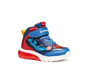 Sneaker GEOX "J CIBERDRON BOY Superman Blinkschuh", Mädchen, Gr. 33, blau (blau, rot), Mesh, Synthetik, Schuhe Sneaker, Schnürboots, Blinkschuh mit cooler Blinkfunktion (36665134-33) blau, rot
