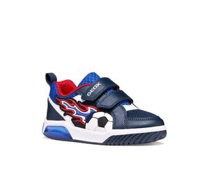 Sneaker GEOX "J INEK BOY", Damen, Gr. 32, navy, rot, Lederimitat, Textil, Schuhe Sneaker, Klettschuh mit Blinkfunktion, Größenschablone zum Download (45862521-32) navy, rot