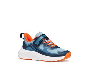 Sneaker GEOX "J PRO-RAN BOY", Mädchen, Gr. 30, blau (navy, orange), Lederimitat, Textil, Schuhe Sneaker, Slipper mit elastischen Schnürsenkeln, Größenschablone zum Download (75159125-30) navy, orange