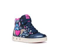 Sneaker GEOX "J SKYLIN GIRL - Blinkschuh", Mädchen, Gr. 29, blau (navy, bunt), Lederimitat, Textil, Schuhe Sneaker, Schnürboots mit Stitch-Motiv, Größenschablone zum Download (28909033-29) navy, bunt