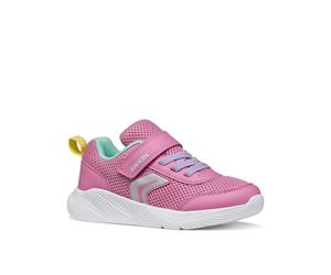 Sneaker GEOX "J SPRINTYE GIRL", Damen, Gr. 30, pink kombiniert, Lederimitat, Mesh, Mesh, kontrastfarbene Details, Schuhe Sneaker, Slipper mit zusätzlcihem Klettverschluss, Größenschablone zum Download