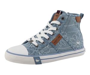 Sneaker MUSTANG SHOES "Winona", Damen, Gr. 36, blau (jeansblau), Textil, Schuhe Sneaker, High Top-Sneaker, Schnürboots mit Blüten-Stickerei (86644232-36)