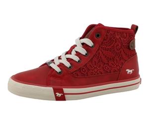 Sneaker MUSTANG SHOES "Winona", Damen, Gr. 37, rot, Lederimitat, Textil, Schuhe Sneaker, Schnürboots, High Top-Sneaker mit Blüten-Stickerei (36566300-37) rot